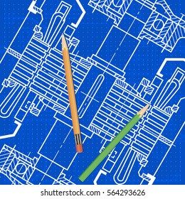 Abstract background with technical blueprint of mechanics and pencils. Engineering illustration.