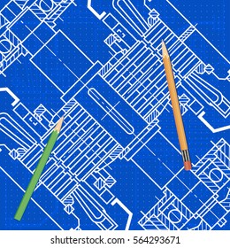 Abstract background with technical blueprint of mechanics and pencils. Engineering illustration.