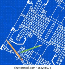 Abstract background with technical blueprint of mechanics and pencils. Engineering illustration.