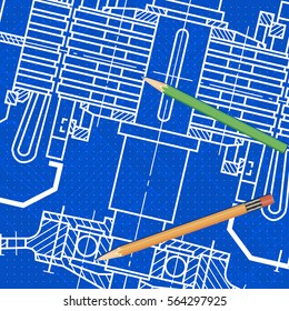 Abstract background with technical blueprint of mechanics and pencils. Engineering illustration.