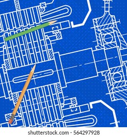 Abstract background with technical blueprint of mechanics and pencils. Engineering illustration.