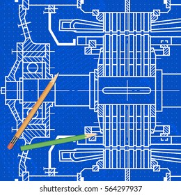 Abstract background with technical blueprint of mechanics and pencils. Engineering illustration.