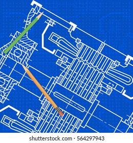 Abstract background with technical blueprint of mechanics and pencils. Engineering illustration.