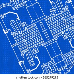 Abstract background with technical blueprint of mechanics. Engineering illustration.