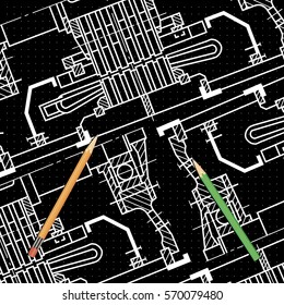 Abstract background with technical blueprint of mechanics and pencils. Engineering illustration.