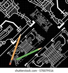 Abstract background with technical blueprint of mechanics and pencils. Engineering illustration.