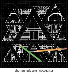 Abstract background with technical blueprint of mechanics and pencils. Engineering illustration.