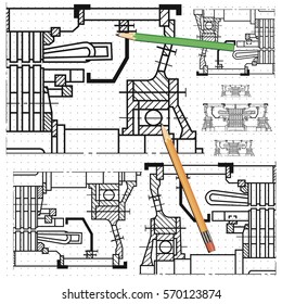 Abstract background with technical blueprint of mechanics and pencils. Engineering illustration.