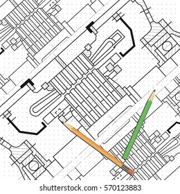 Abstract background with technical blueprint of mechanics and pencils. Engineering illustration.