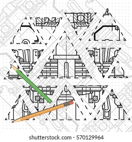 Abstract background with technical blueprint of mechanics and pencils. Engineering illustration.