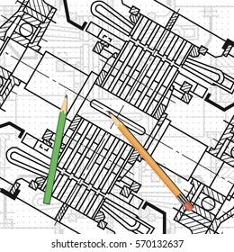 Abstract background with technical blueprint of mechanics and pencils. Engineering illustration.