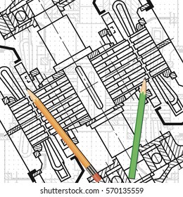Abstract background with technical blueprint of mechanics and pencils. Engineering illustration.