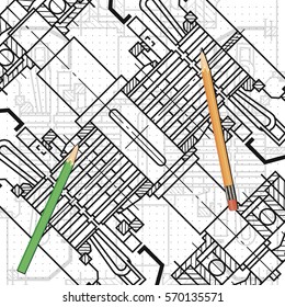 Abstract background with technical blueprint of mechanics and pencils. Engineering illustration.