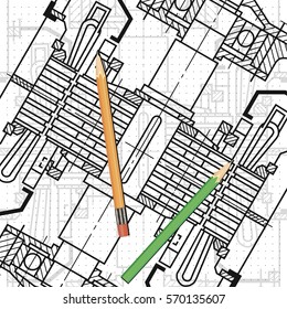Abstract background with technical blueprint of mechanics and pencils. Engineering illustration.