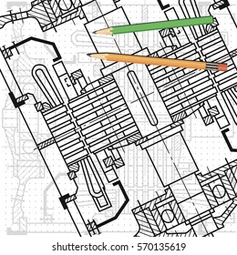 Abstract background with technical blueprint of mechanics and pencils. Engineering illustration.