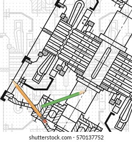 Abstract background with technical blueprint of mechanics and pencils. Engineering illustration.