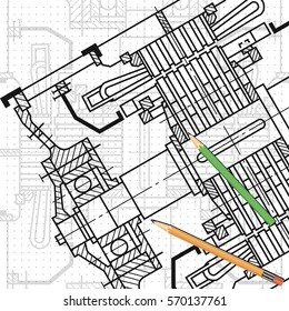 Abstract background with technical blueprint of mechanics and pencils. Engineering illustration.