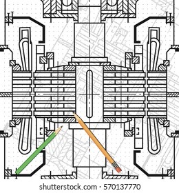 Abstract background with technical blueprint of mechanics and pencils. Engineering illustration.