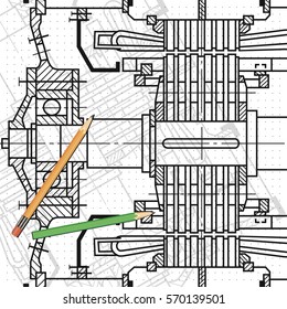 Abstract background with technical blueprint of mechanics and pencils. Engineering illustration.