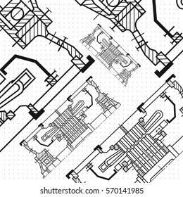 Abstract background with technical blueprint of mechanics. Engineering illustration.