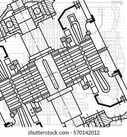 Abstract background with technical blueprint of mechanics. Engineering illustration.