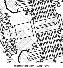 Abstract background with technical blueprint of mechanics. Engineering illustration.