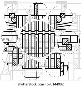 Abstract background with technical blueprint of mechanics. Engineering illustration.