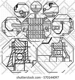 Abstract background with technical blueprint of mechanics. Engineering illustration.
