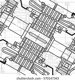 Abstract background with technical blueprint of mechanics. Engineering illustration.