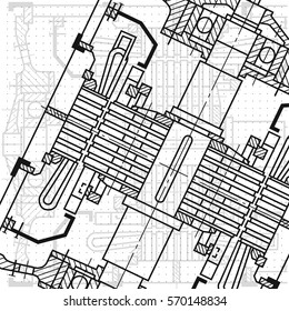 Abstract background with technical blueprint of mechanics. Engineering illustration.