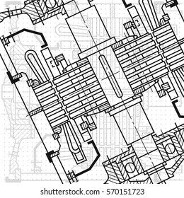 Abstract background with technical blueprint of mechanics. Engineering illustration.