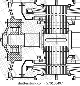 Abstract background with technical blueprint of mechanics. Engineering illustration.