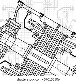 Abstract background with technical blueprint of mechanics. Engineering illustration.