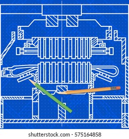 Abstract background with technical blueprint of mechanics and pencils. Engineering illustration.