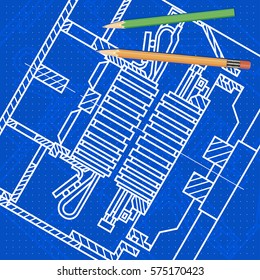 Abstract background with technical blueprint of mechanics and pencils. Engineering illustration.