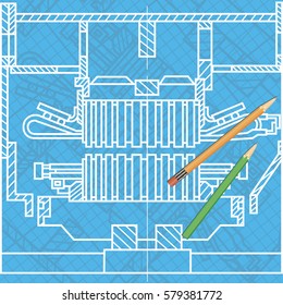 Abstract background with technical blueprint of mechanics and pencils. Engineering illustration.