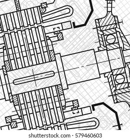 Abstract background with technical blueprint of mechanics. Engineering illustration.