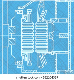 Abstract background with technical blueprint of mechanics. Engineering illustration.