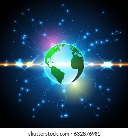 Abstract background, technology, circuit, electric, with globe, with light effects