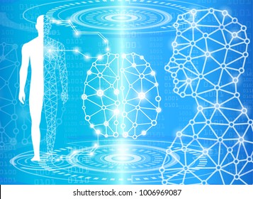 abstract background technology concept in blue light,brain and human body heal ,technology modern medical science in future and global international medical with tests analysis clone DNA human