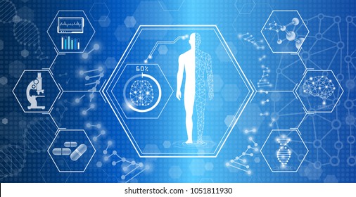abstract background technology concept in blue light,brain and human body heal ,technology modern medical science in future and global international medical with tests analysis clone DNA human