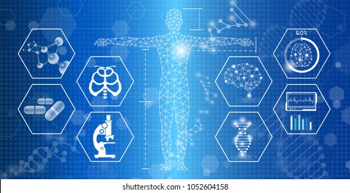 Abstract background technology concept in blue light, human body heal, tests analysis clone defective DNA, global international medical and technology modern medical science in future.