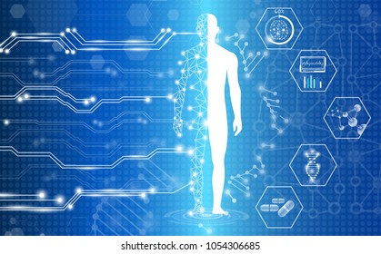 abstract background technology concept in blue light,brain and human body heal ,technology modern medical science in future and global international medical with tests analysis clone DNA human