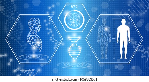 Abstract Background Technology Concept In Blue Light,brain And Human Body Heal ,technology Modern Medical Science In Future And Global International Medical With Tests Analysis Clone DNA Human