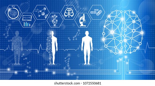 abstract background technology concept in blue light,brain and human body heal ,technology modern medical science in future and global international medical with tests analysis clone DNA human