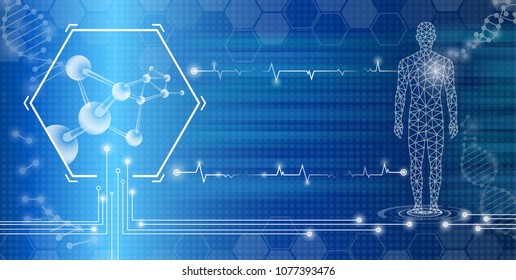 abstract background technology concept in blue light,brain and human body heal ,technology modern medical science in future and global international medical with tests analysis clone DNA human