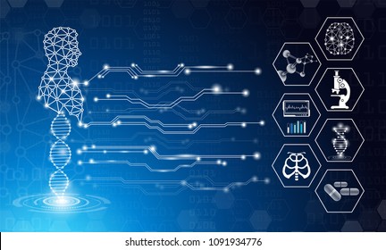 abstract background technology concept in blue light,brain and human body heal ,technology modern medical science in future and global international medical with tests analysis clone DNA human