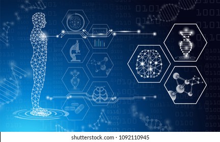 abstract background technology concept in blue light,brain and human body heal ,technology modern medical science in future and global international medical with tests analysis clone DNA human