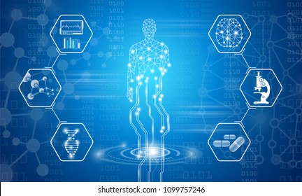 abstract background technology concept in blue light,human body heal,technology modern medical science in future and global international medical with tests analysis clone DNA human