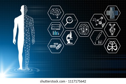 Abstract Background Technology Concept In Blue Light,human Body Heal,technology Modern Medical Science In Future And Global International Medical With Tests Analysis Clone DNA Human